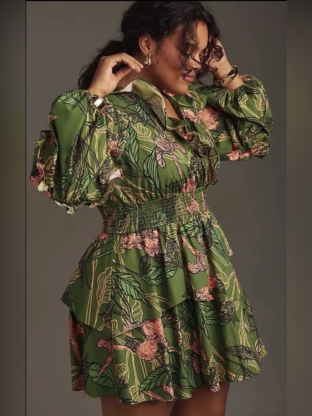Hutch Long-Sleeve V-Neck Ruffle Green Tropical Floral Mini Dress Medium Petite